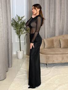 Milla Jasmine 修身超宽腿裤，深腰设计，优雅专业，商务休闲，适合度假、秋冬、工作、办公室、约会、外出、返校、婚礼宾客、圣诞节等场合。修身可爱，适合早午餐、感恩节等场合。 - 黑色 - 查看 5