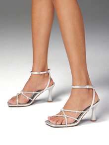 SHUZIA #PartyGlam Women's Square-Toe Sculpted-Heel Cushioned Insole Rhinestone Knot-Strap Silver Dress Sandals – Sparkly, Chic & Elegant Valentine's Day - Silver - View 2