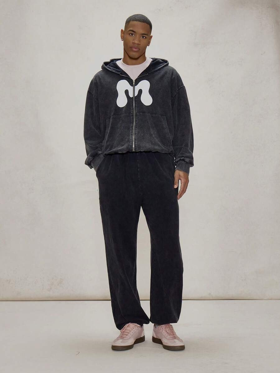 Musero Washed Baggy Cuff Ankle Woven Label Sweatpants Elasticated Waistband Bottoms Tracksuit Co Ord Bottoms Only Winter Essentials - Black - View 1