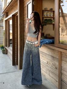 DAZY Quần jeans ống rộng dáng suông in họa tiết da báo, đính sequin chuyển màu cổ điển dành cho nữ, thích hợp cho mùa hè. - Màu xanh lam - Xem 7
