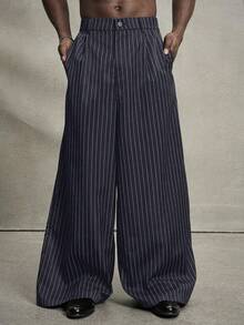 Manfinity Roghcode 男士条纹口袋阔腿宽松休闲裤男士细条纹裤男士阔腿裤男士海军蓝细条纹裤男士宽松宽裤百褶裤，秋季 - 藏蓝色 - 查看 4