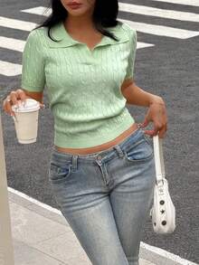SHEIN Unity Blusa casual de punto con cuello polo de manga corta y trenzado - Verde - Ver 6