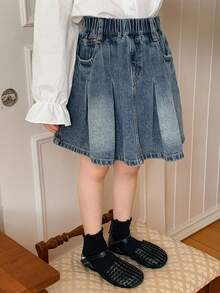 DAZY Rok Denim Lipit Kasual untuk Anak Perempuan - Biru - View 5