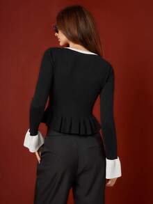 Maija Áo khoác cardigan nữ tay dài cổ tròn, viền tương phản - Đen và trắng - Xem 3