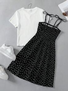 SHEIN Essnce 大码女装春夏时尚休闲弹力舒适日常白色休闲短袖T恤和黑色印花吊带修身短裙两件套，夏季穿搭，曲线可爱套装 - 黑與白 - 查看 3
