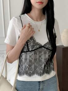 DAZY Color Block Contrast Lace 2 In 1 Tee Going Out Tops - White - View 7