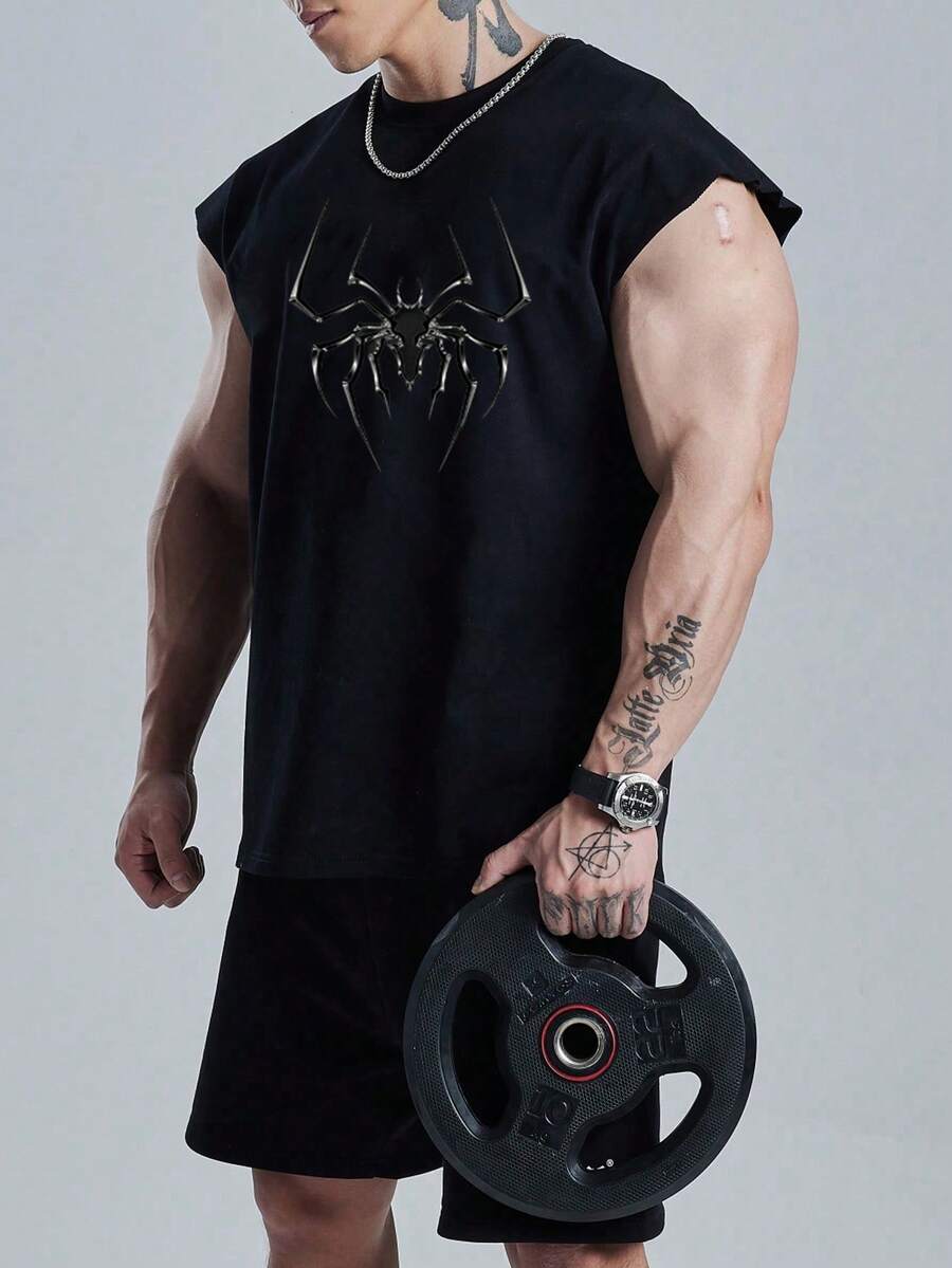 GymBeat Men's Spider Print Loose Fit Round Neck Sports Tank Top - Black - View 1