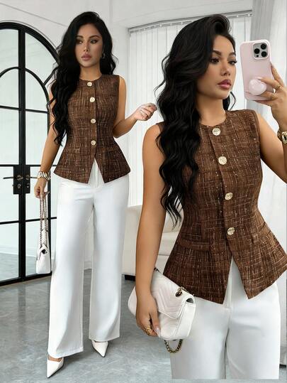 Rafferiza Elegant And Refined, Perfect For Everyday Wear, Casual, Professional, Sleeveless Vest, Coarse-Knit Woven Fabric, Women's Spring And Summer Elegant Vest, Suit Top, Teacher's Office Workwear, Teacher's Professional Attire, Suit Vest, Casual Workwear, Casual Office , Summer Women's , Teacher's. Sleeveless Vest Women Offices For Women