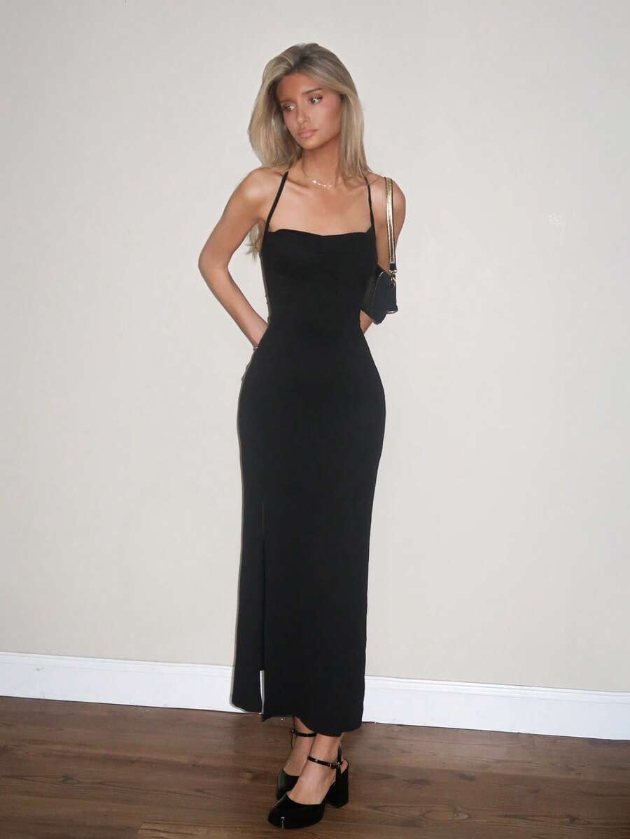 Sydney Algeri 女士修身性感高开叉交叉带系带长裙 - 黑色 - 查看 1