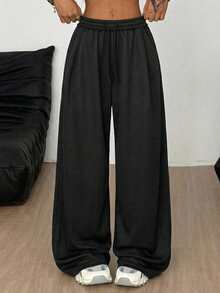 SHEIN 少女宽松休闲舒适中腰撞色抽绳运动裤，秋冬季 - 黑色 - 查看 6