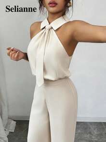 Selianne Apricot Cinched Waist Wide Leg Jumpsuit - Apricot - View 5