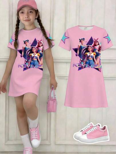 1pc Tween Girls Casual Creative Personalized Refreshing Chic Minimalist Stylish Cool Virtual Girl Group Colorful Pentagram Star Graphic Letter Slogan Print Short Sleeve T-Shirt Dress, Comfortable Daily Wear, Suitable For Spring, Summer & Autumn