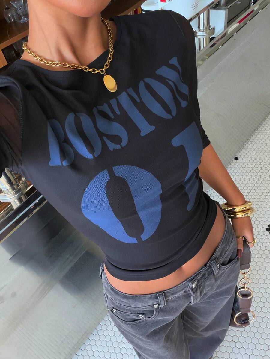 Muchica 女士黑色网眼面料数字图案紧身七分袖T恤，前后可穿 - 黑色 - 查看 1