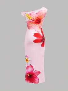 SHEIN Tween GirlsTropical Floral Print Asymmetric Hem Elegant Vacation Dress - Pink - View 3