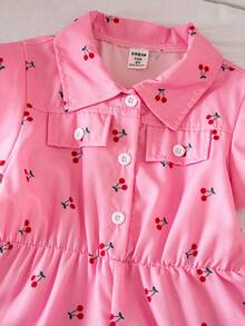 Young Girl' Cute Pink Cherry Print Collared Short Sleeve Romper, Casual & Versatile, Spring/Summer New Arrival - Pink - View 5