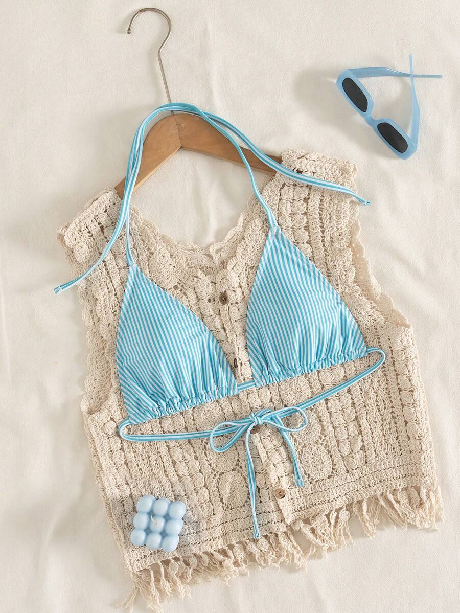Swim Vcay 女士随机印花蓝白条纹系带比基尼上衣,休闲沙滩度假夏季 - 藍白色 - 查看 1