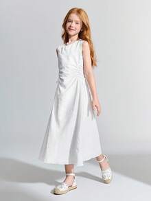 Ontre Tween Girl Elegant Ruched Side Sleeveless Round Neck Midi Dress - White - View 4