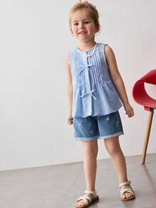 Maija Kids 女童蓝色泡泡条纹无袖休闲背心 - 藍色 - 查看 6