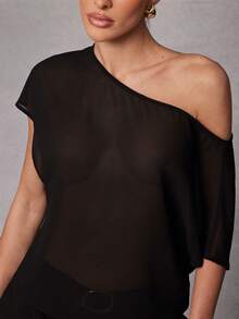 Hauture Women's Simple Sexy Daily Going Out One Shoulder Sheer Chiffon Top - Black - View 5