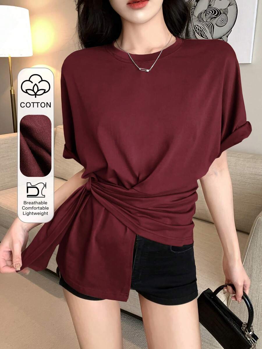 DAZY Camiseta Feminina Casual de Cor Sólida com Gola Redonda, Nó Torcido e Manga Curta, Verão - Vermelho - Visão 1