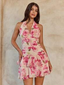 Enchnt 优雅印花露背吊带短款无袖连衣裙（女款） - 粉色 - 查看 3