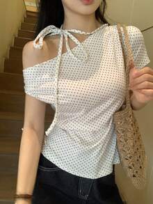 DAZY 女士波点系带露肩短袖T恤，韩版，春夏款 - 杏色 - 查看 5