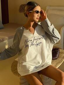 DAZY Women's Letter & Bow Print Contrast Color Raglan Long Sleeve Casual Loose T-Shirt - White - View 6