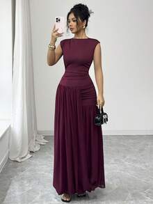 Selianne Robe longue plissée en mousseline de soie avec col Mao, manches larges et taille élastique en tricot pour femmes, rouge angora, élégante et sophistiquée, style romantique français rétro, convient pour le travail, les affaires, la plage, les occasions décontractées, simple et polyvalente, adaptée pour le mariage, la Saint-Valentin, le thé de l'après-midi, les fêtes, nouvelle arrivée pour le printemps/été - Bordeaux - Voir 8