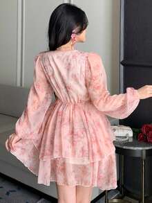 DAZY French Style Pink Floral V-Neck Long Sleeve Dress, Tie-Waist Chiffon A-Line Mini Dress, Spring - Baby Pink - View 2