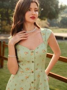 Vintamour Vintage Classic Elegant Floral Print Fit & Flare Dress With Wide Straps, Flared Hem And Buttons, Green Dress For Women, Spring/Summer - Gray green - View 6
