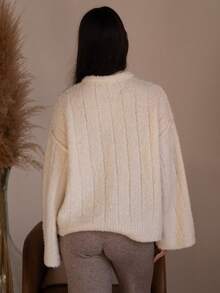 Andrea Bello Oversized Drop Shoulder Button Down Knit Cardigan Fall Cute Streetwear Festival Farmhouse , Country, Vintage, Fall Autumn Winter  Evening Party Elegant  Winter  Spring  Sweater - Cream - View 2