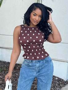 Alexandranx 女士波点腰休闲街头风格圆领无袖上衣 - 棕色 - 查看 3