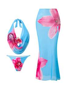 Swim Oasis Bộ đồ bơi 3 mảnh dành cho nữ: Áo bikini cổ yếm xẻ sâu in hoa và chân váy, thời trang, gợi cảm, ngọt ngào cho bãi biển/khu nghỉ dưỡng. - Màu xanh lam - Xem 1