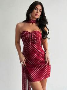Firerie Women's Elegant, Delicate, Romantic, Sexy Holiday Party Ball Cocktail Valentine's Date Wedding Guest Vacation Hollow Drawstring Ruffle Long Flowy Bodycon Polka Dot Print Red Mini Dress - Red - View 7