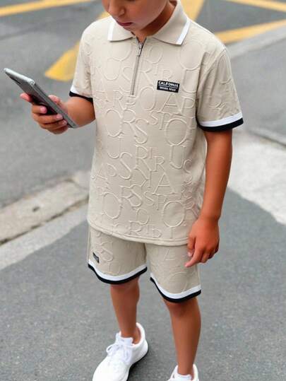 SHEIN 2pcs Kids/Tween Boys Casual Everyday Comfortable Ribbed Collar Half-Zip Polo Shirt And Shorts Knit 2 Pieces Polo Set