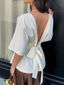 Seusyu Women's Striped Round Neck Batwing Short Sleeve Backless Tie Front Fashion Blouse - Apricot - View 6
