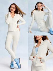 GLOWMODE FeatherFit™ Arctic Flow Buttery-Soft Stretchy Ribbed Side Panels Built-In Thumbholes Slim Fit Zip-Up Jacket Low Impact Yoga Studio Daily Casual Wear - White - View 8