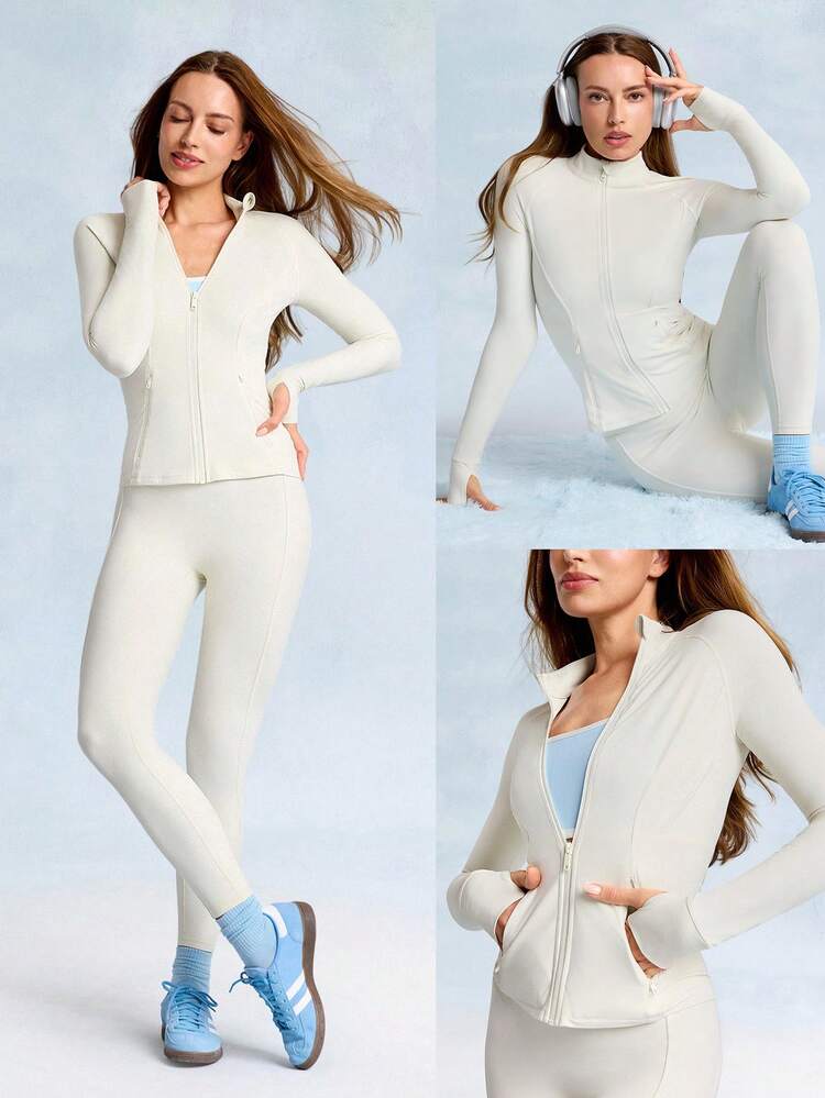 Giacca con chiusura lampo FeatherFit™ Arctic Flow, morbida e stirabile, con pannelli laterali a costine, polsini con foro per il pollice, vestibilità slim, adatta per yoga a basso impatto, uso quotidiano e casual