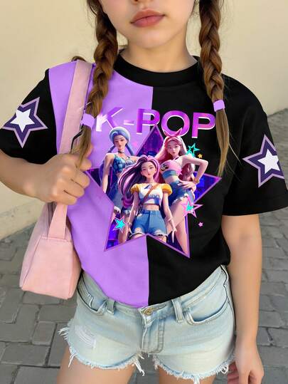Tricou grafic elegant pentru fete preadolescente, cu modele vibrante inspirate din stea, litere și K-Pop, potrivit pentru ținute casual de primăvară, vară și toamnă.