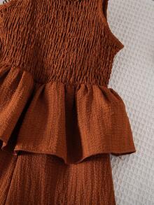 女童休闲时尚吊带蝴蝶结下摆荷叶边连体裤，百搭春夏款 - 棕色 - 查看 5