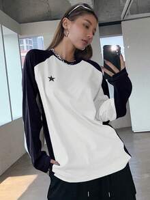 DAZY Áo thun Raglan dài tay in họa tiết ngôi sao năm cánh màu tương phản dành cho nữ, Quần áo mùa thu, Quần áo trở lại trường - Xanh và trắng - Xem 4