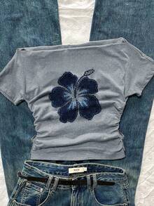 少女春夏街头风，基础款，休闲百搭，运动风白色露肩字母印花短款上衣，返校季服装 - 淺灰色 - 查看 5