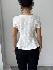 Elenzga New Summer Textured Knit Jacquard Fabric Unique Elegant Elegant Square Neck Waist Slimming Ruffle Hem Casual Daily Versatile Short Sleeve Spring Women T-Shirt - Apricot - View 4