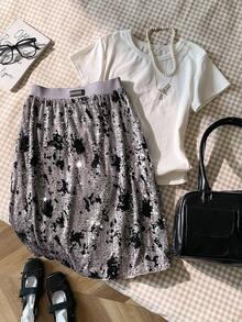 SHEIN Unity Spring Autumn Black And Silver Velvet Shiny Sequin Skirt,Adjustable Elastic Waist,Seksi Chic Night Out Elegant Party Office Business 90s Retro Skirt - Grey - View 2