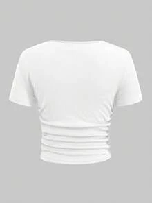 SHEIN 3pcs/Set Tween Girls' Fitted Casual Ribbed Crew Neck Ruched Short Sleeve T-Shirts - Grey - View 4