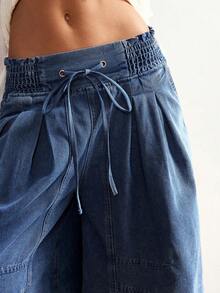 Bohemela 女士休闲纯色梭织牛仔宽松阔腿百慕大短裤 - 中等水洗藍 - 查看 4