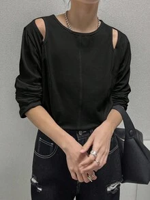 FRIFUL 女式休闲纯色镂空肩部T恤，秋季长袖上衣 - 黑色 - 查看 3
