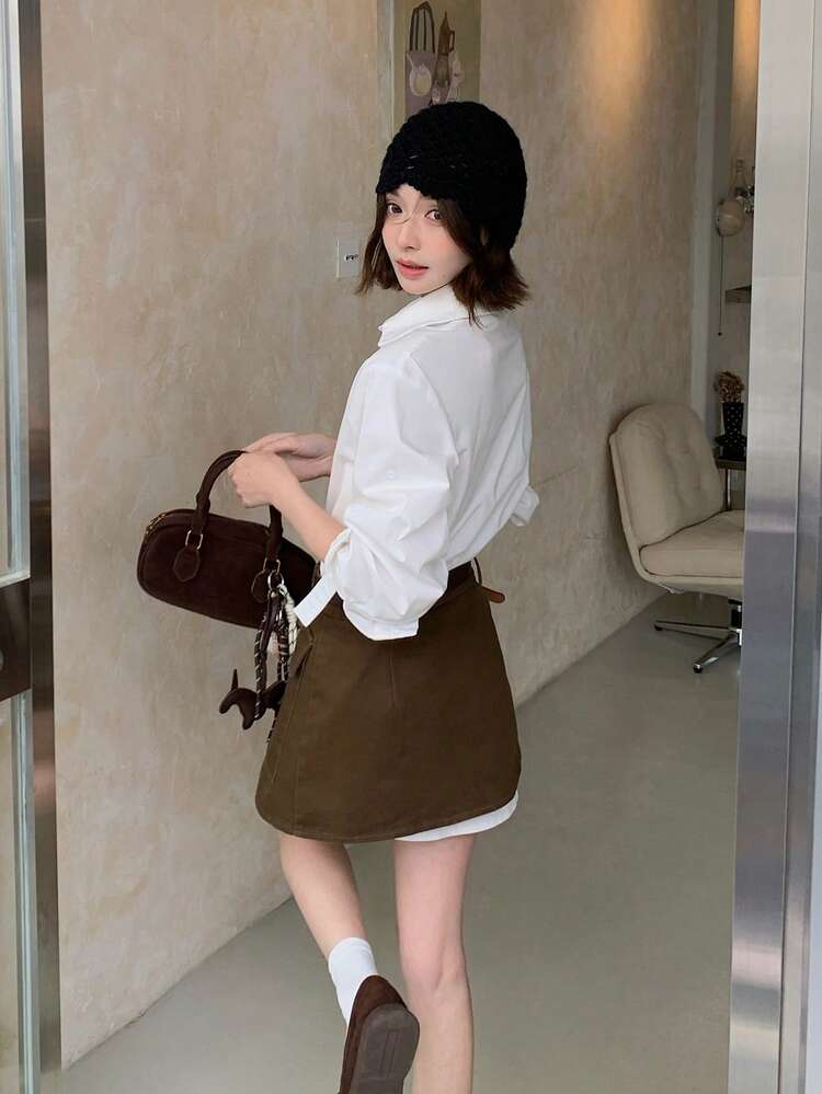 Women's Collared Long Sleeve Shirt & Casual Skirt 2 Pieces Set