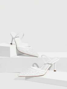 CUCCOO SZL Women's Pointed Toe Stiletto High Heel Shoes With Pearl Beading, Sequins & Mesh Elements, Elegant & Fashionable Slingback Mules, Suitable For Weddings, Afternoon Tea, Parties, Valentine's Day, Bridesmaids, Brides - White - View 1
