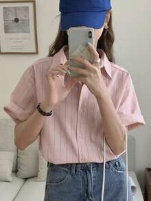 DAZY 女士条纹单排扣休闲商务短袖衬衫 - 藕粉色 - 查看 2